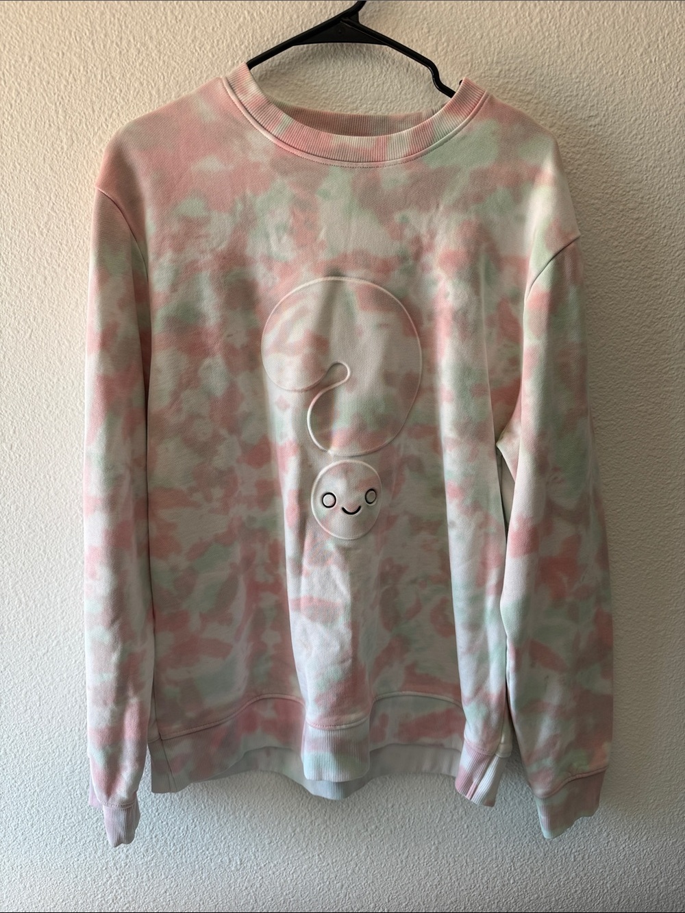Guess Pastel Pink & Mint Tie-Dye Crewneck Sweater with Embossed Smiley